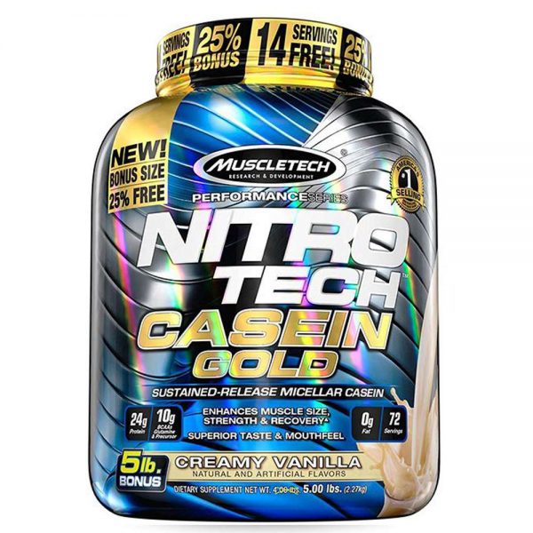 NITROTECH 100% Casein Gold 2.3kg cung cấp hàm lượng lớn tới 24gram protein hấp thụ chậm và 10gram BCAA, nuôi cơ buổi tối cực tốt.