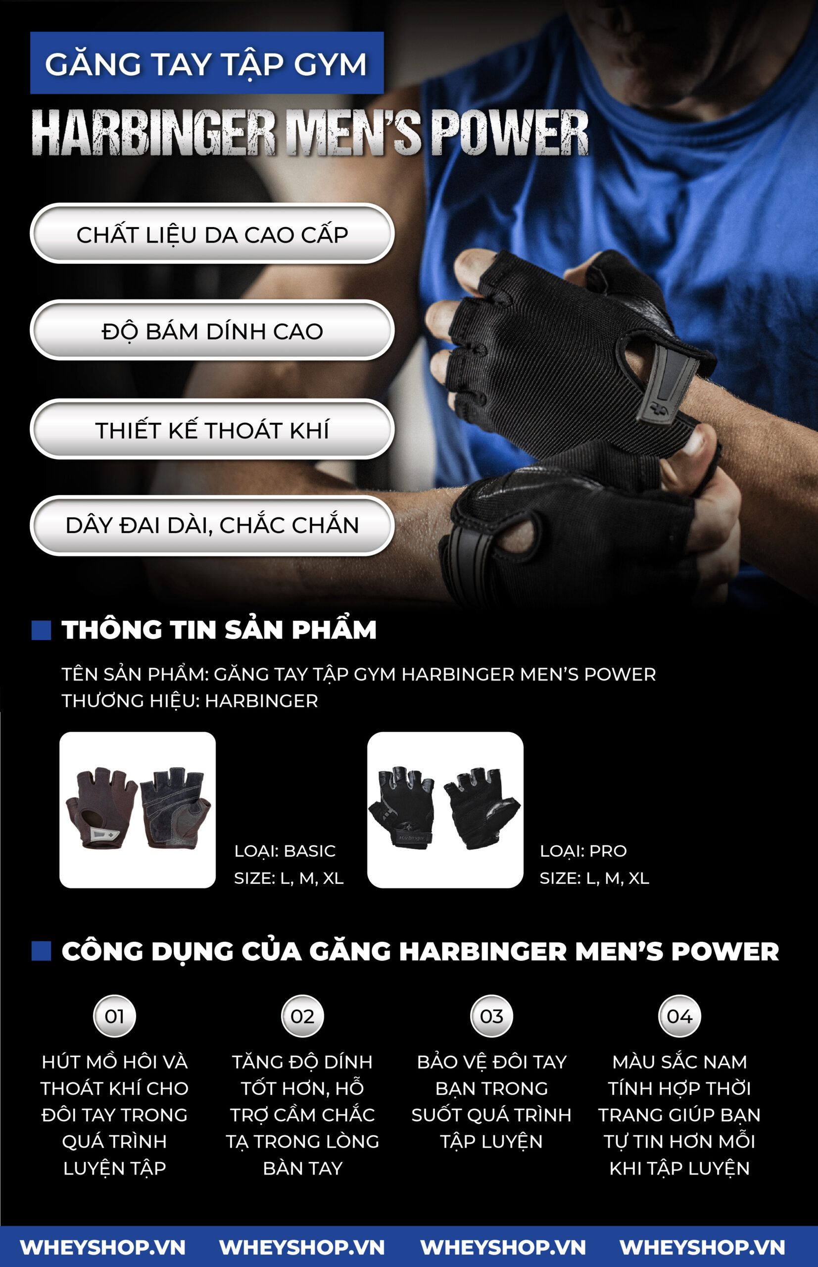 Găng Tay Tập Gym Cho Nam Harbinger Men's Power hỗ trợ cải thiện tập luyện, bảo vệ bàn tay. Sản phẩm nhập khẩu chính hãng, cam kết giá rẻ tốt nhất Hà Nội TpHCM...