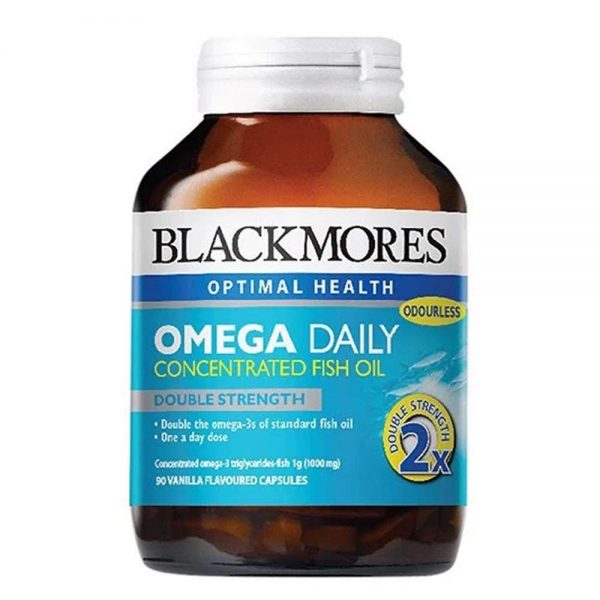 Blackmores Omega-3 Daily Concentrated Fish Oil là sản phẩm thực phẩm bổ sung cung cấp nguồn acid béo Omega-3 tốt cho sức khỏe hỗ trợ tăng cường sức khỏe não bộ, tim mạch