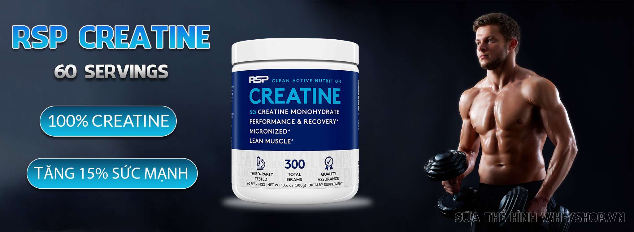 Sản phẩm RSP Creatine 60 lần sử dụng tăng sức mạnh, sức bền, cơ bắp hiệu quả. RSP Creatine nhập khẩu chính hãng, uy tín, giá rẻ tại Hà Nội TPHCM