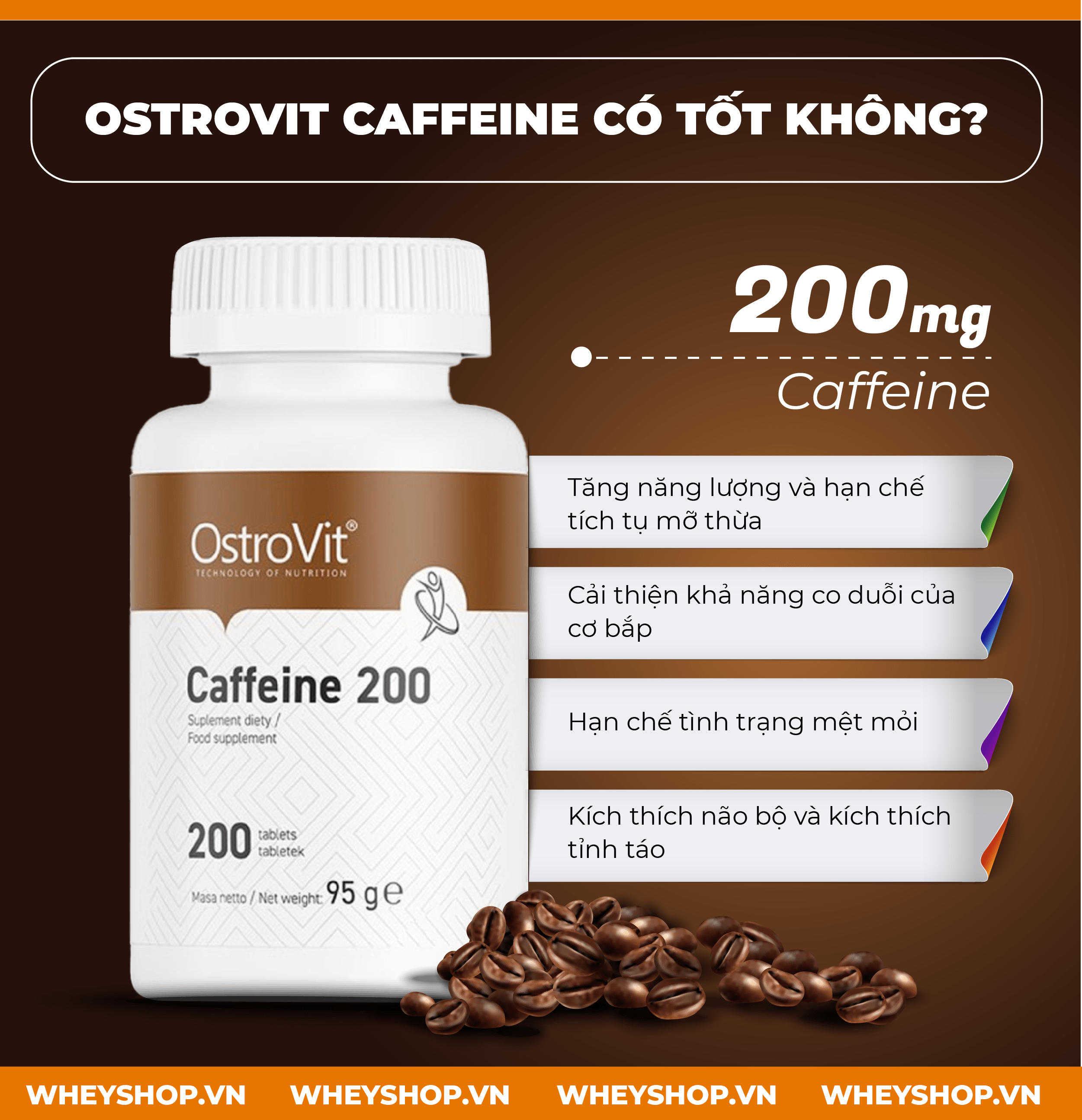 Review Ostrovit Caffeine Yes How much is it?></p>
<p>Ostrovit Caffeine is a caffeine-rich supplement to stimulate energy and strength to increase exercise performance, especially suitable for athletes, bodybuilders, people who need energy stimulation.Instantly increase mental and physical strength.</p>
<p>Caffeine works by stimulating the central nervous system, increasing the ability tog focus and improve mood.Furthermore, caffeine increases the heart rate, increases contractility, and increases metabolic rate.Caffeine has stimulant properties by acting on the cerebral cortex.It reduces fatigue and prolongs concentration time and improves concentration.</p>
<p>In 1 capsule of Ostrovit Caffeine contains 200mg of Supportive Caffeine: </p>
<ul>
<li>Stimulating to increase metabolic rate up to 11% and burn fat up to 13%, helping to increase energy and limit the accumulation of excess fat in the body.</li>
<li>Improve muscle contraction, increase strengthbody tolerance.</li>
<li>Blocking the effects of adesnosine-a neurotransmitter that helps relax the brain and limit fatigue.</li>
<li>Stimulates the brain and stimulates alertness, and concentration.</li>
</ul>
<p>(*) NOTE: Although Ostrovit Caffeine supplements have many benefits, too much caffeine during the day can cause some significant side effects such as:</p>
<ul>
<li>Dizziness, fatigue</li>
<li>Nausea</li>
<li>Urinating a lot</li>
</ul>
<h2><b>2.Instructions for using Ostrovit Caffeine effectively</b></h2>
<p>Use 1.per dayOstrovit Caffeine tablets at the right time to need alertness and concentration such as:</p>
<ul>
<li>15 minutes before training</li>
<li>Or whenever the body is tired from working</li>
</ul>
<p><strong>Note when using Ostrovit Caffeine:</strong></p>
<ul>
<li>Continuous daily use of caffeine will reduce the effectiveness of the product</li>
<li>It is recommended to use caffeine 6 hours away from sleep, to avoid affecting sleep.</li>
<li>Not intended for persons under 18 years of age.</li>
<li>This product is not a medicine and is not a substitute for medicine.</li>
</ul><h2><b><img src=